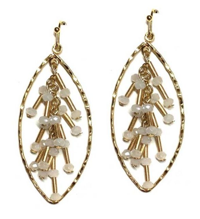 White Crystal Bead And Gold Metal Dangle Drop Oval Earring